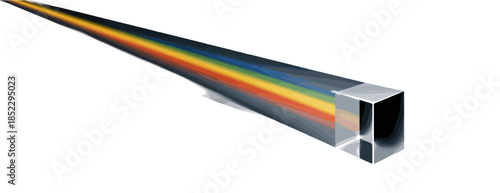 Raggio di luce bianca disperso in spettro cromatico attraverso un prisma ottico su sfondo trasparente.