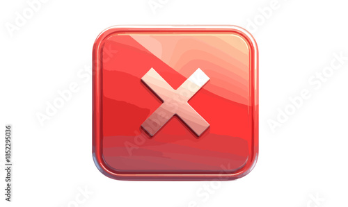 Icona rossa lucida con simbolo di croce o errore, isolata su sfondo trasparente, perfetta per rifiuto.
