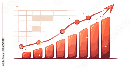 Grafico a barre rosso con linea di tendenza ascendente e freccia, simbolo di crescita e successo aziendale.