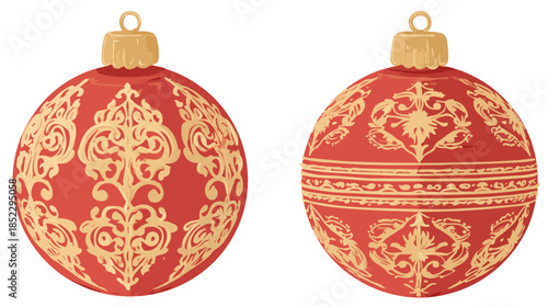 Due palline di Natale rosse con decorazioni dorate in stile damascato, isolate su sfondo trasparente.