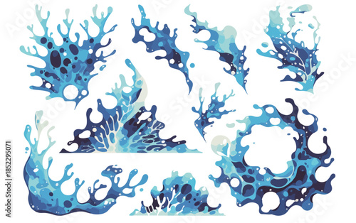 Collezione di schizzi d'acqua stilizzati e astratti in diverse forme dinamiche con tonalità blu.