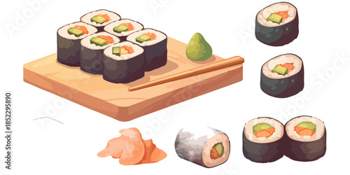 Illustrazione di Maki Sushi assortiti con wasabi e zenzero marinato su sfondo trasparente.