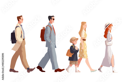 Gruppo di persone eleganti, adulti e bambino, che camminano in fila con zaini su sfondo trasparente.