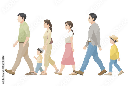 Illustrazione vettoriale di una famiglia multietnica di sei persone che camminano insieme su sfondo trasparente.