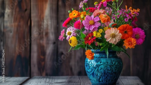 Wallpaper Mural Bright and colorful flowers fill up an ornate blue vase. The bouquet is set against a rustic wooden background, enhancing its appeal. Torontodigital.ca