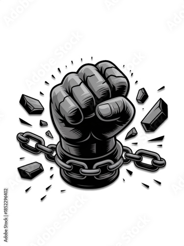 Power fist breaking chains illustration in black and gray with shattered debris symbol of freedom strength resistance empowerment liberation protest logo design for streetwear posters and justice