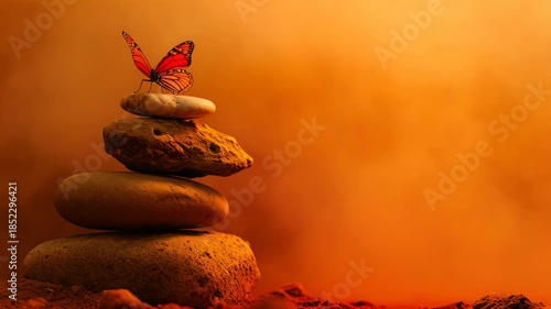 Fantasy showing a red butterfly perched atop rocks, with an orange and fiery background indicative of lava.