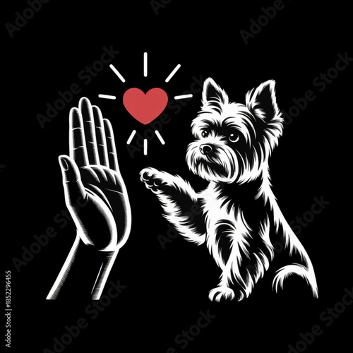 Small dog giving high five with human hand and heart symbol representing trust love pet relationship encouragement and heartwarming minimalist illustration