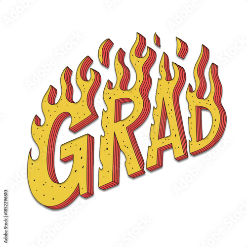 Bold grad lettering with flames representing graduation celebration achievement success milestone excitement youthful energy and academic accomplishment