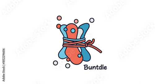 A stylized illustration of colorful abstract shapes bundled together with a red string and bow, surrounded by small circles, with the word "Buntdle" below.
