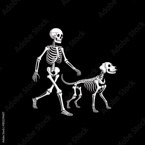 Skeleton walking dog skeleton on black background representing spooky humor halloween theme gothic style companionship and playful macabre illustration