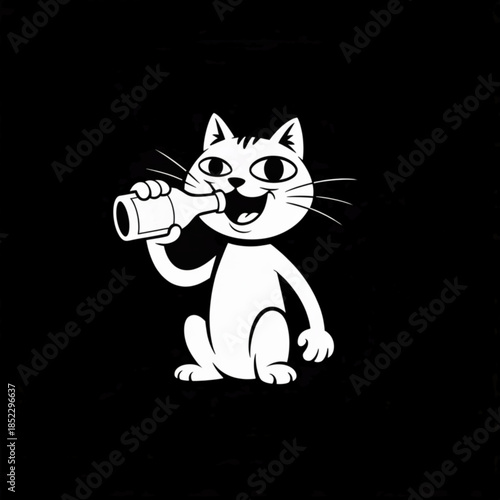 cartoon cat holding bottle and drinking on a black background