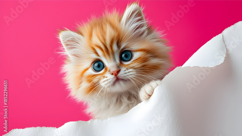 Charming fluffy ginger kitten with captivating blue eyes peeking inquisitively from behind a torn white sheet, set against a cheerful pink backdrop, radiating pure innocence and charm