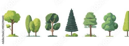 緑豊かな木々のコレクション、白背景に透明なイラスト、様々な形とサイズで描かれた植物。