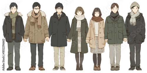 冬の装いの人々、様々なコートやマフラーを着用し、透明感のあるイラストで表現