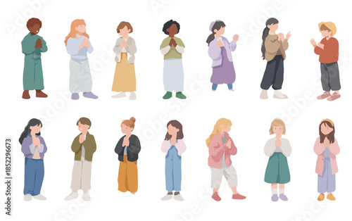 様々な人種や年齢の子供たちが、手を合わせて感謝や祈りを捧げる様子を描いたイラスト。