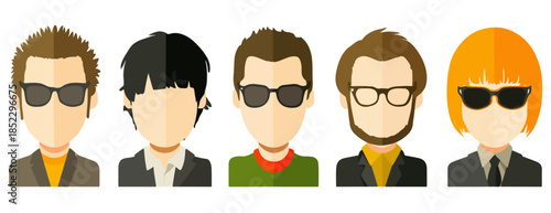 様々な髪型、服装、アクセサリーをした5人のアバターのイラスト。プロフィール写真やアイコンに最適。