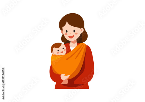 オレンジ色のスリングで赤ちゃんを抱っこする笑顔の母親のイラスト、透明背景