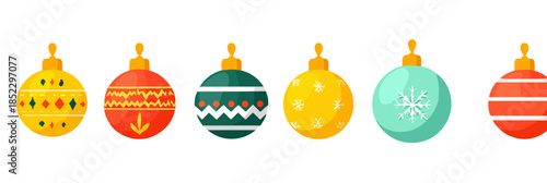 クリスマスツリーの装飾品、様々な色と模様のボールオーナメントが並んだイラスト。透明感のある背景。