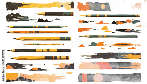鉛筆と水彩風のブラシストロークのセット、デザイン要素、手描きのイラスト、透明感のある背景