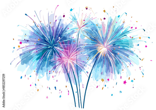 水彩風のカラフルな花火が夜空に咲き誇り、お祝いムードを演出する様子。