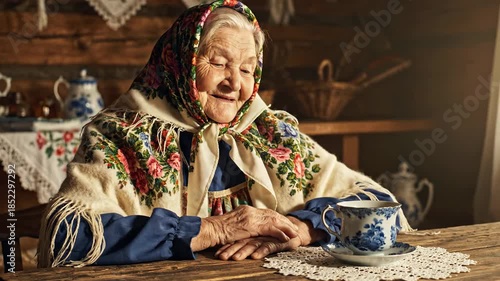 A smiling russian grandma sitting at a wooden table with a blue cup in a cozy rustic environment
