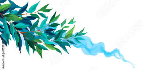 緑の葉が青い煙のような水流に変化していく、幻想的で透明感のあるイラストレーション