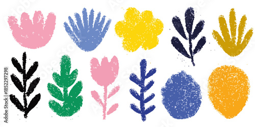 カラフルで抽象的な植物や花のイラストセット、手書き風のテクスチャ、透明な背景