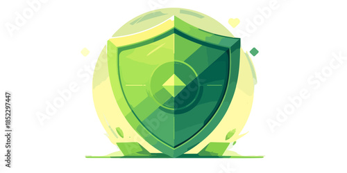 緑色の輝く盾のシンボル、サイバーセキュリティ、保護、安全、デジタルデータの抽象的なイラスト