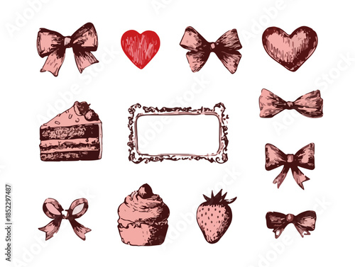 手描き風の可愛いリボン、ハート、ケーキ、イチゴ、装飾フレームのセット。透明感のあるイラスト素材。