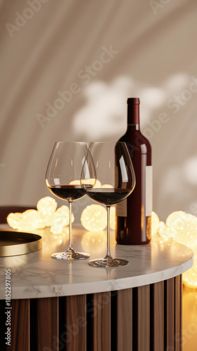 Wine bottle and two wine glasses on round table with warm bokeh lights romantic evening setting for restaurant date night celebration toast luxury dining ambience and intimate hospitality lifestyle