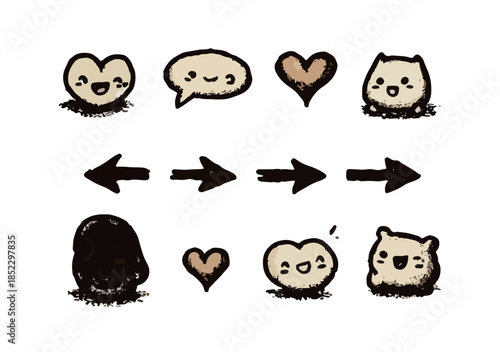 可愛い手描き風のアイコンセット、ハート、吹き出し、動物、矢印、透明背景