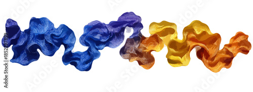 青からオレンジへのグラデーションを帯びた、白背景に浮かぶ透明な布の波。