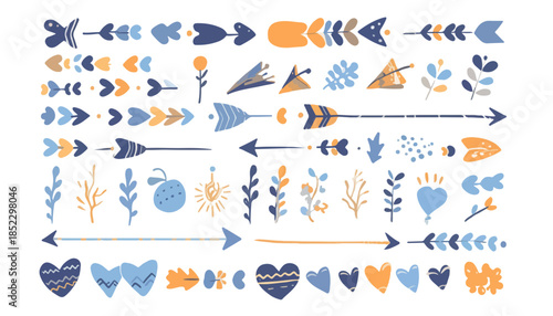 ボヘミアン風の矢印、ハート、植物などのイラスト素材集。透明感のあるデザインが特徴。