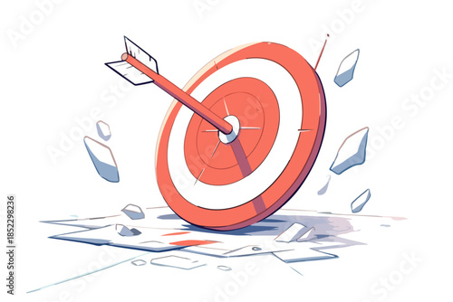 的確に的を射る矢と砕け散る的、目標達成と成功のイメージを表現するイラスト。