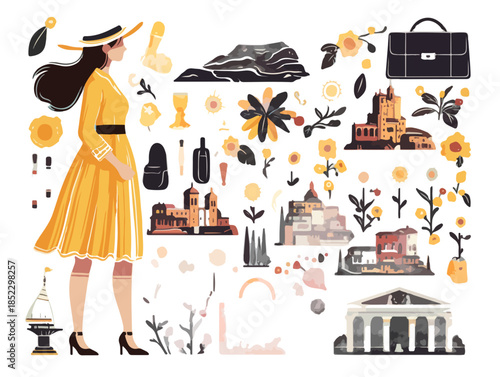 エレガントな女性と夏の旅行のモチーフが描かれたイラスト。透明感のあるデザインで、夏のバカンスやリゾートを連想させます。