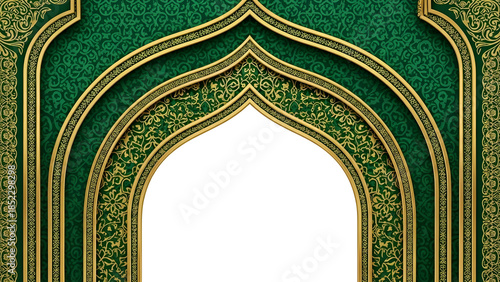 Abstract green background featuring a festive golden ornament window frame design