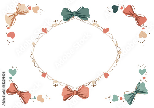 可愛らしいリボンとハートの装飾が施された、透明な背景の楕円形のフォトフレームデザイン