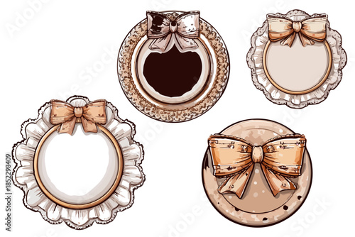 アンティーク風のレースとリボンが付いた丸いフレームのセット、透明な背景に描かれた装飾的なデザイン