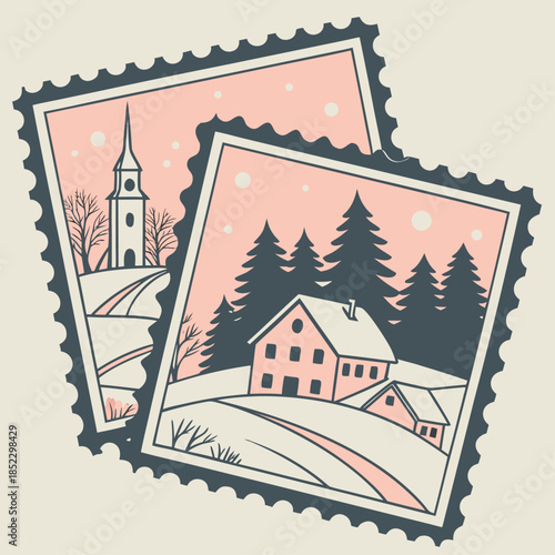 Vintage Christmas Seamless Pattern with Postage Stamps, Snowy Villages, and Retro Typography