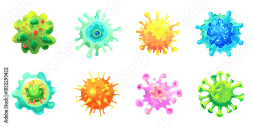 カラフルなウイルスのイラストセット、透明な背景に様々な形状と色で描かれています。