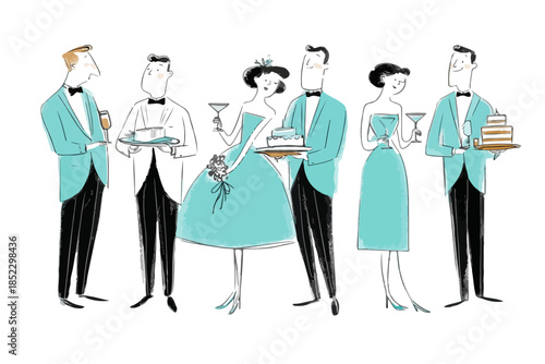ウェディングパーティーでタキシードとドレスを着た人々がケーキや飲み物を提供し、祝祭の雰囲気を演出しているイラスト。