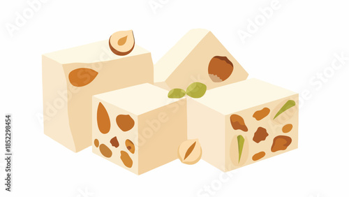 Flat lay illustration of three cut blocks of nougat candy with hazelnuts and pistachios on a white background.