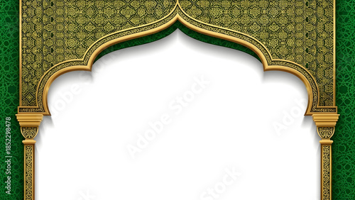 Abstract green background featuring a festive golden ornament window frame design