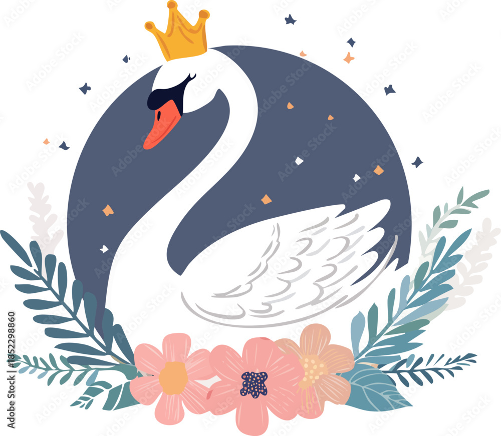 Fototapeta premium Elegant white swan with a golden crown, gracefully posed amidst vibrant pink flowers and blue leaves, on a deep dark blue background with twinkling stars, enchanting illustration.