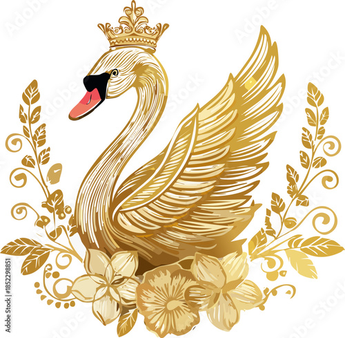 Opulent golden swan with an elaborate golden crown, majestically standing amidst intricate golden flowers and swirling leaves, on an isolated white background, luxury illustration.