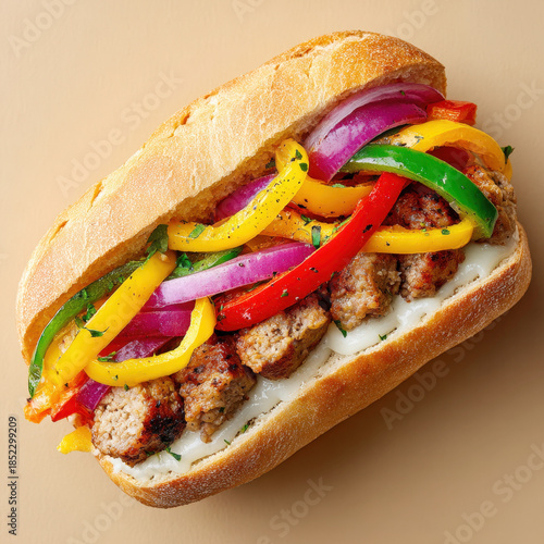 A delicious high-angle shot of a hearty submarine sandwich filled with juicy meat and vibrant vegetables. Ideal for culinary blogs, deli marketing, and street food advertising themes