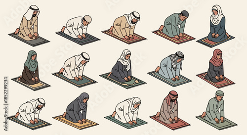 Diverse People Praying on Prayer Mats.