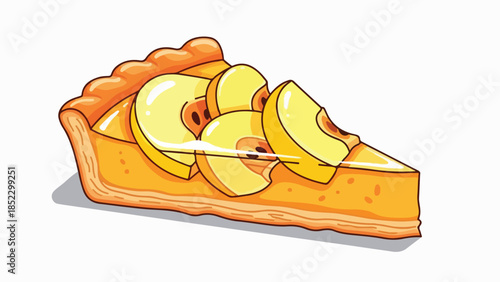 A cartoon slice of peach pie with a golden crust and sliced peaches on top against a clean white background.