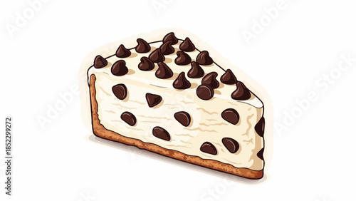 Illustration of a slice of cheesecake with chocolate chips on a white background, flat design style.